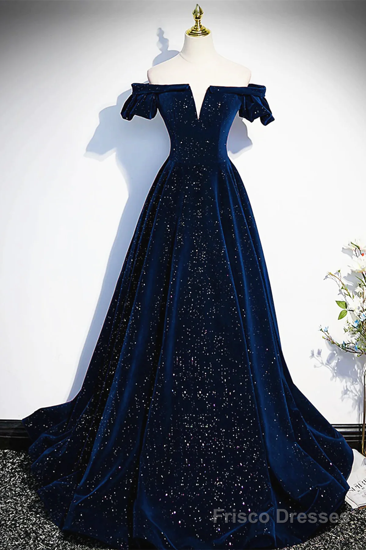 Navy Blue Velvet Off Shoulder Long Party Dress, Navy Blue Prom Dress Formal Dress Secondary image