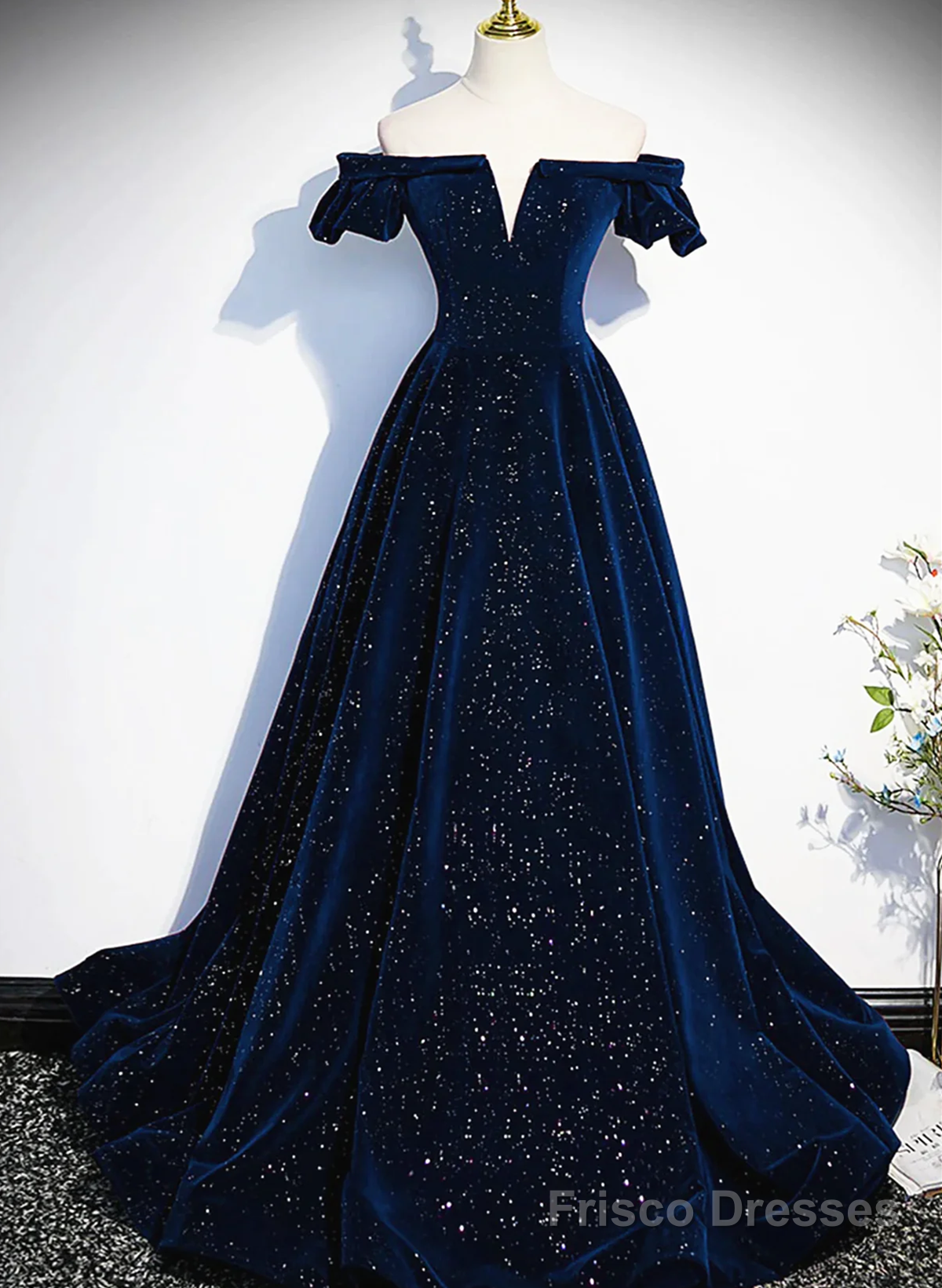 Navy Blue Velvet Off Shoulder Long Party Dress, Navy Blue Prom Dress Formal Dress Main image