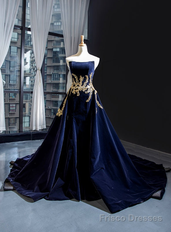 Navy Blue Velvet Strapless Backless Beading Prom Dress With Long Train Main image