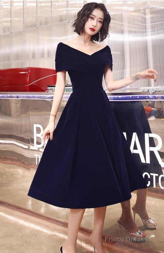 Navy Blue Velvet Tea Length V-Neckline Party Dress, Navy Blue Bridesmaid Dress Party Dress Secondary image