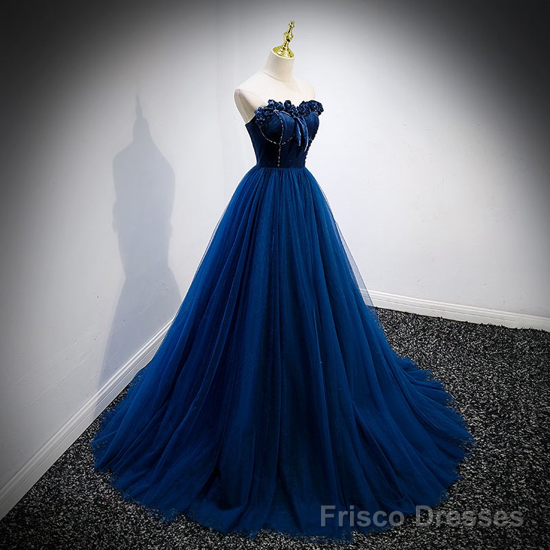 Navy Blue Velvet Top and Tulle Long Formal Dress, Blue Sweetheart Prom Dress Main image