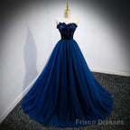Navy Blue Velvet Top and Tulle Long Formal Dress, Blue Sweetheart Prom Dress