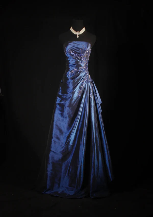 Navy Blue Vintage Elegant Fashion Ball Gown Off Shoulder Long Satin Prom Dress Evening Dress Party Dress Main image