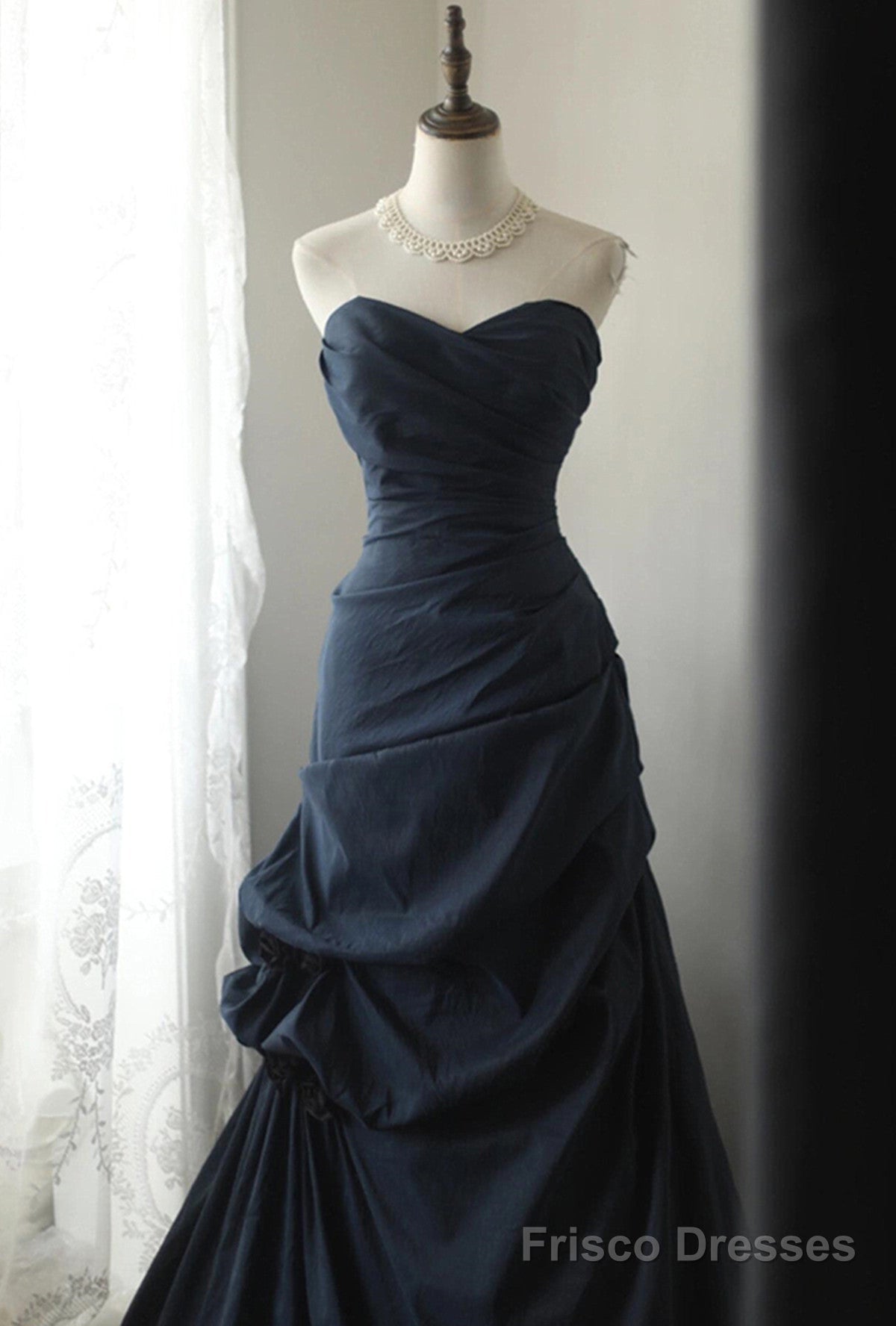 Navy Blue Vintage Style Taffeta Long Prom Dress, Navy Blue Party Dress Secondary image