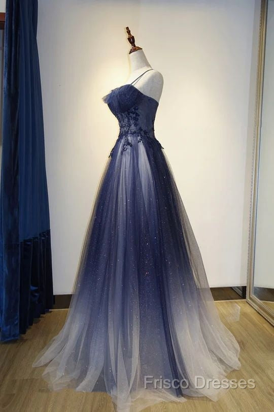 Navy Gradient A Line Tulle Long Formal Prom Dress Secondary image