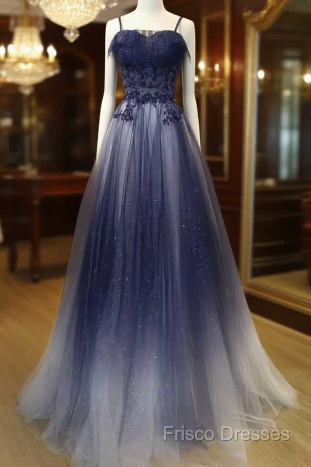 Navy Gradient A Line Tulle Long Formal Prom Dress Main image