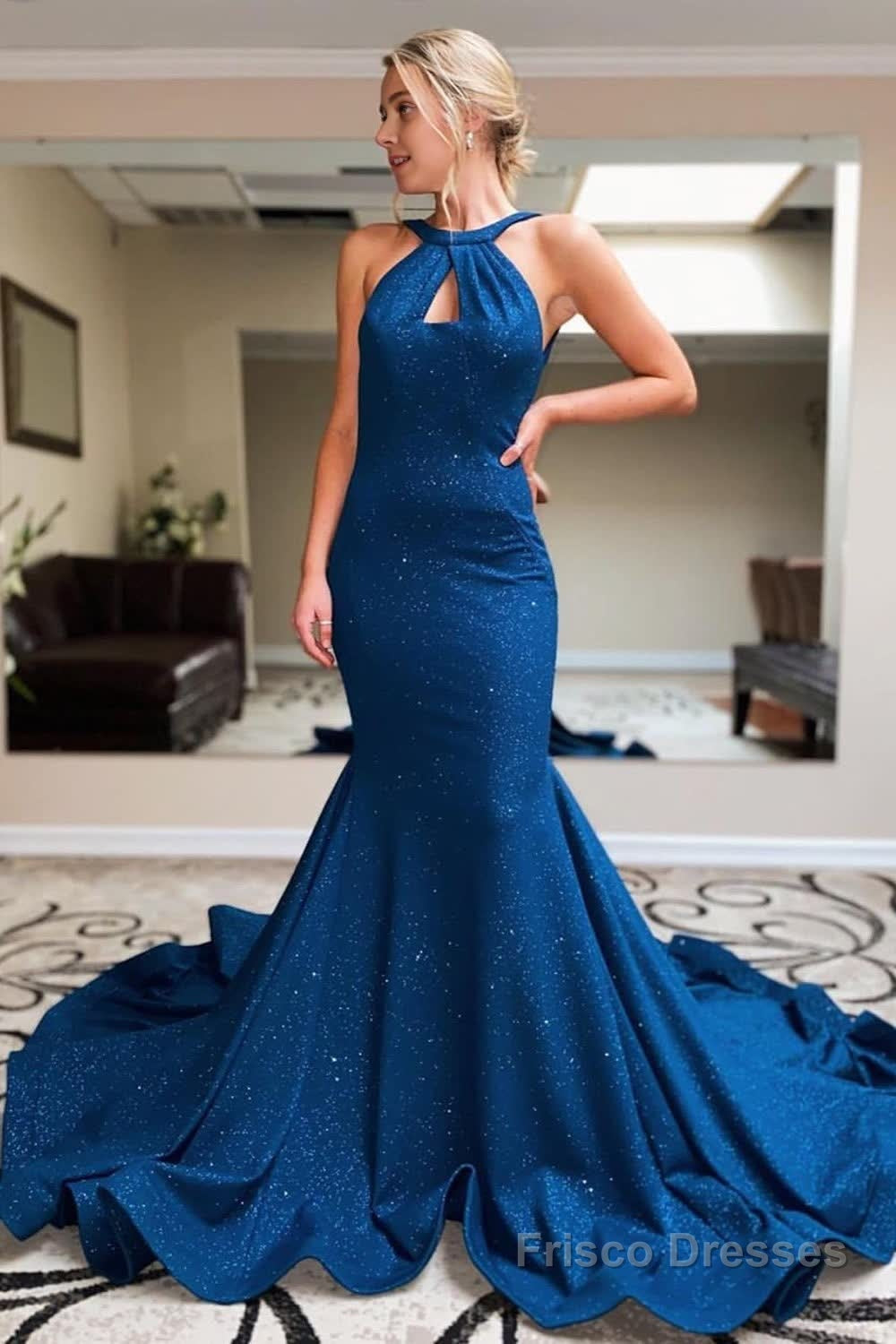 Navy Halter Sparkly Mermaid Prom Dress Main image