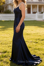 Navy Mermaid Spaghetti Straps Pleated Corset Long Prom Dress With Slit