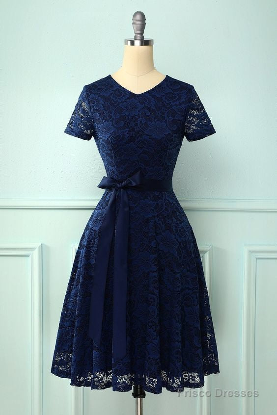 Navy Short Sleeves Lace Homecoming Dress Main image