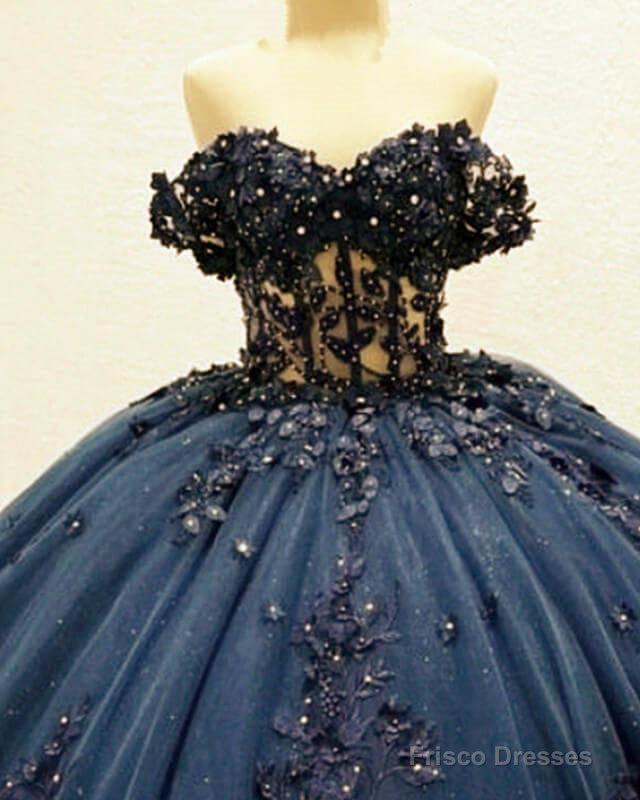 Navy Tulle Corset Dress With 3D Lace Flowers