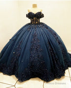 Navy Tulle Corset Dress With 3D Lace Flowers