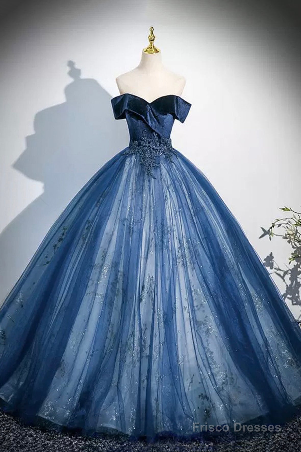 Navy Velvet And Tulle Long Prom Dress, Elegant Off The Shoulder Party Dress Main image