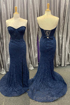 Mint Green Lace Strapless Mermaid  Long Formal Prom Dress with Slit