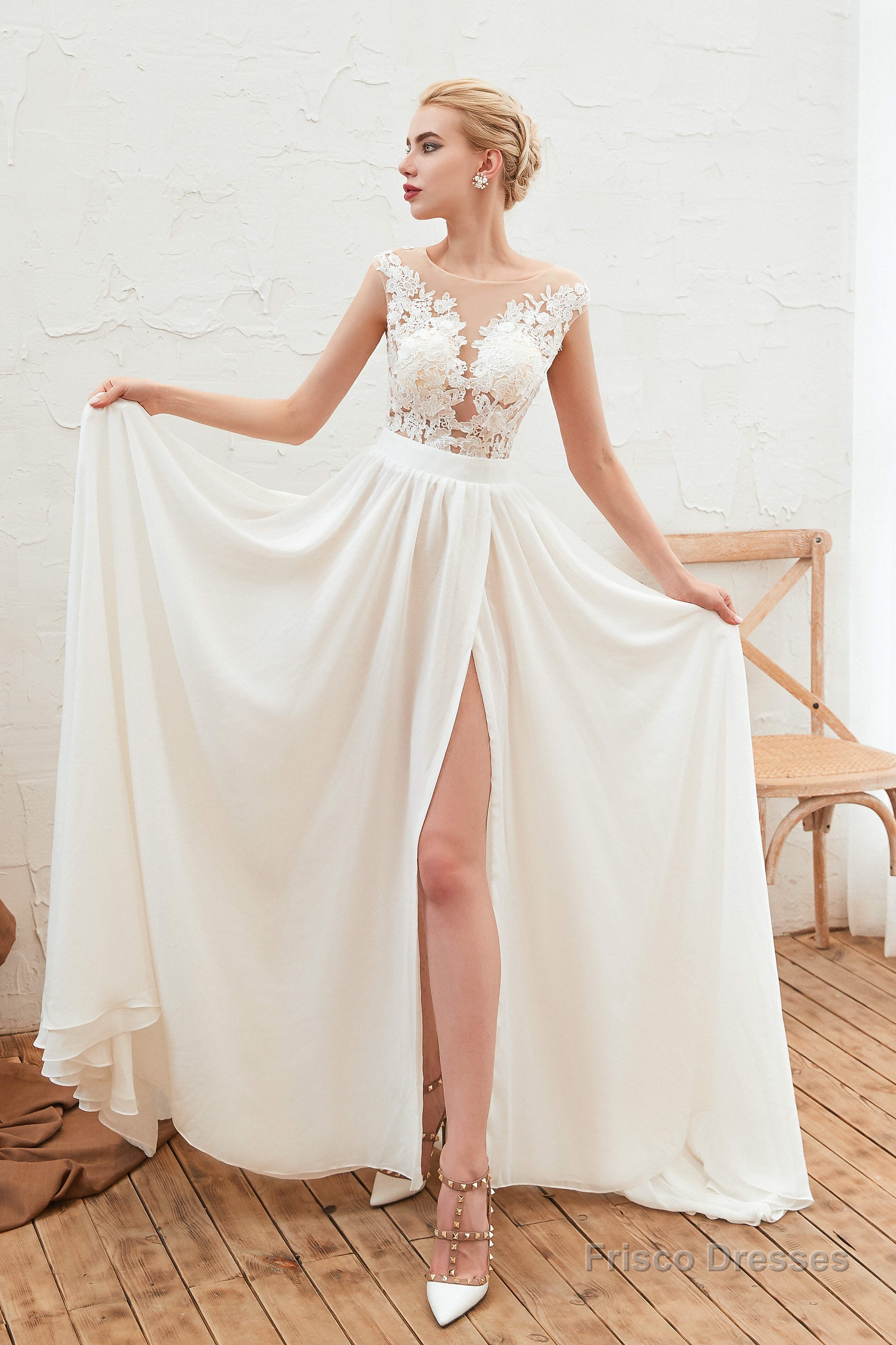 Neck Lace Top White Wedding Dresses with Slit