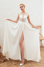 Neck Lace Top White Wedding Dresses with Slit