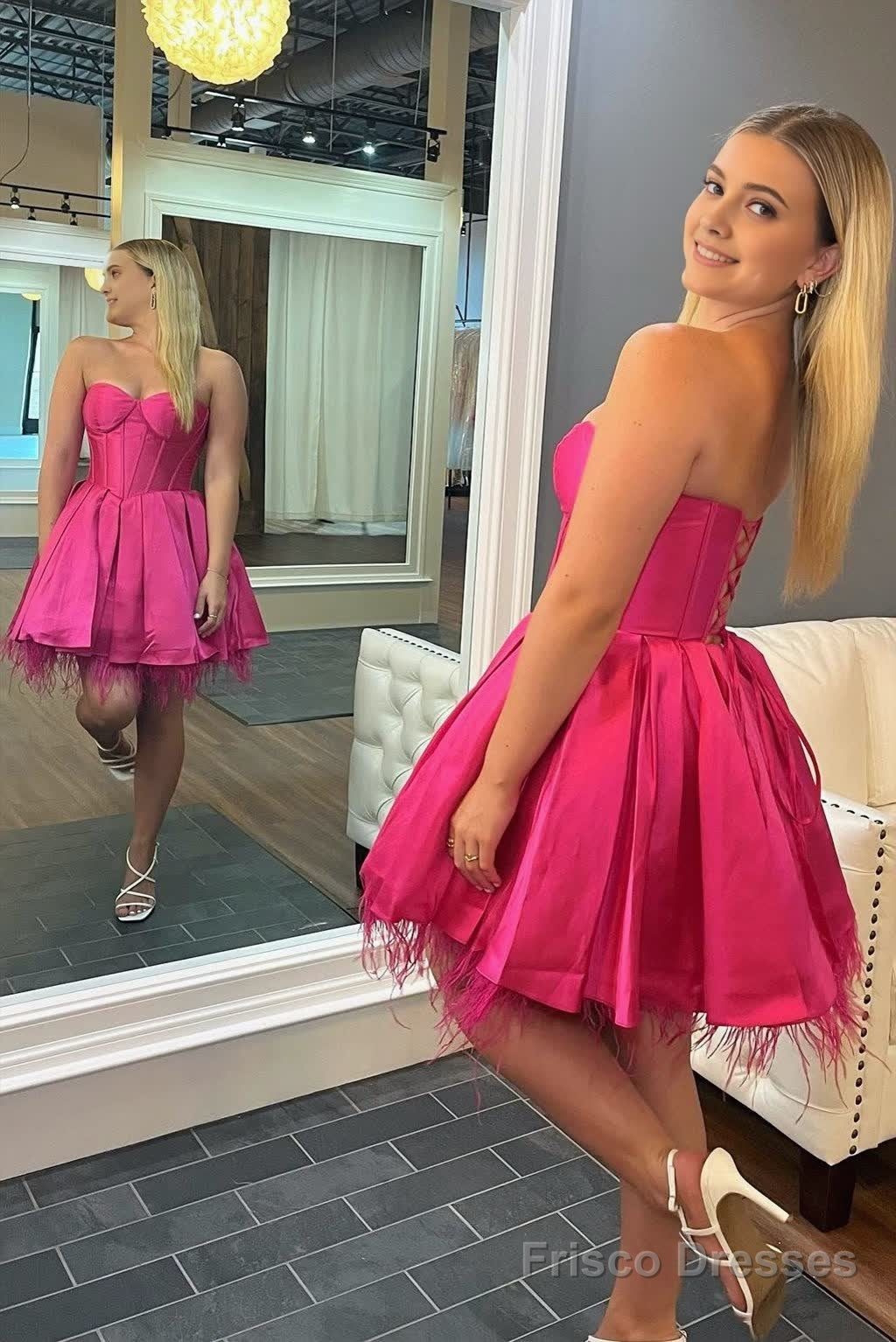 Neon Pink Feathers Sweetheart A-Line Short Formal Dress Secondary image