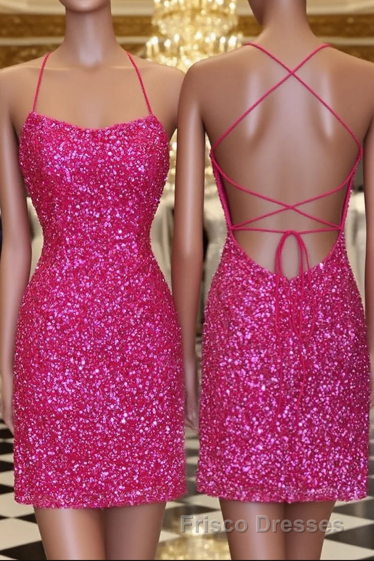 Neon Pink Sequin Bodycon Mini Homecoming Dress