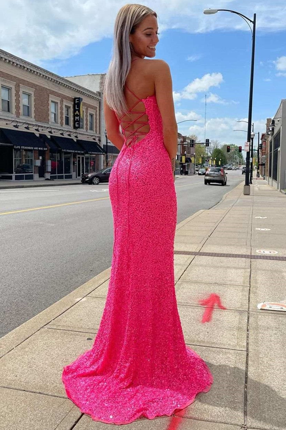 Neon Pink Sequin Mermaid Long Formal Dress Secondary image