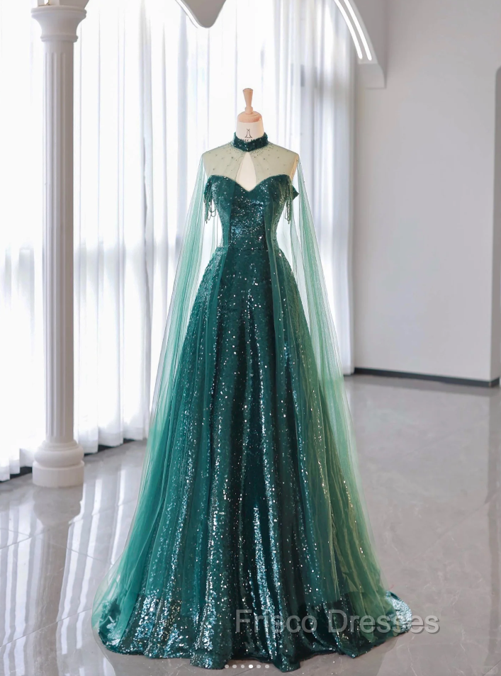 New A-Line Dark Green Formal Prom Dress, Off-The-Shoulder Formal Prom Dress With Cape, Sweeping Tail Formal Prom Dress Secondary image