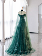 New A-Line Dark Green Formal Prom Dress, Off-The-Shoulder Formal Prom Dress With Cape, Sweeping Tail Formal Prom Dress