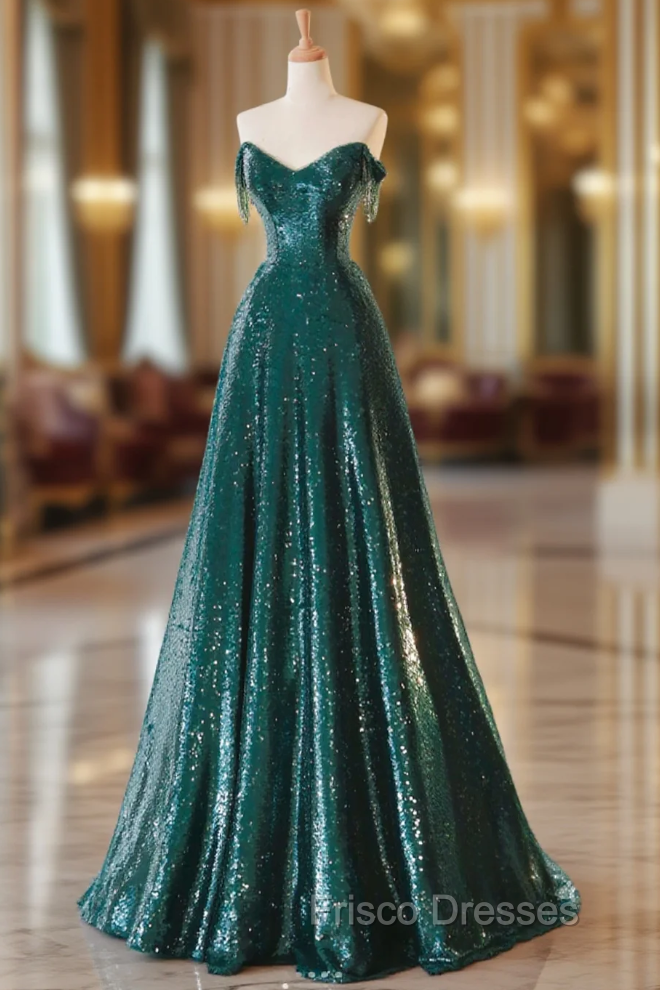 New A-Line Dark Green Formal Prom Dress, Off-The-Shoulder Formal Prom Dress With Cape, Sweeping Tail Formal Prom Dress Main image