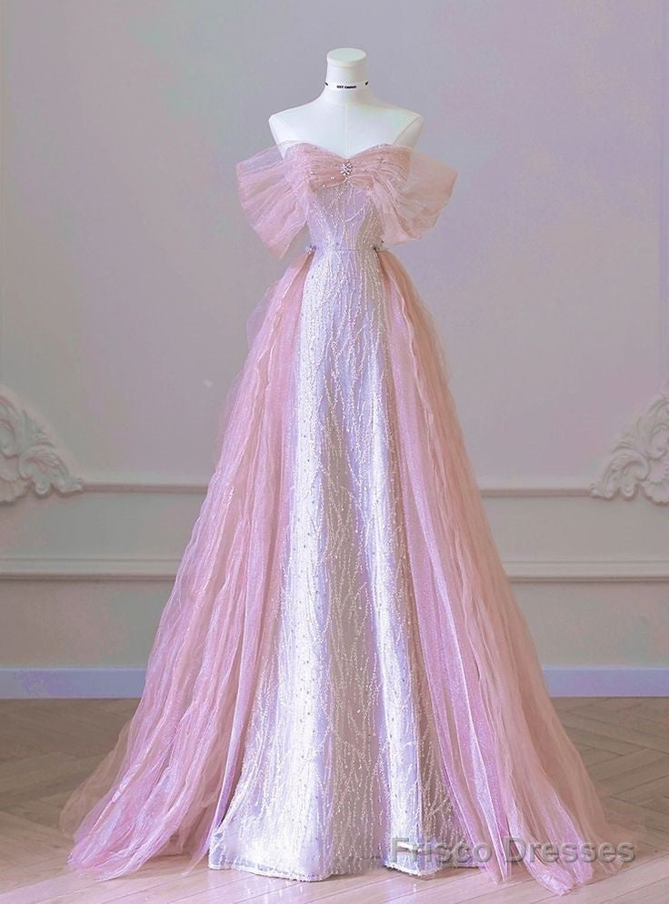 New Arrival A line Off The Shoulder Short Sleeves Pleated Sequin Pink Floor Length Prom Dresses Main image