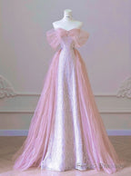 New Arrival A line Off The Shoulder Short Sleeves Pleated Sequin Pink Floor Length Prom Dresses