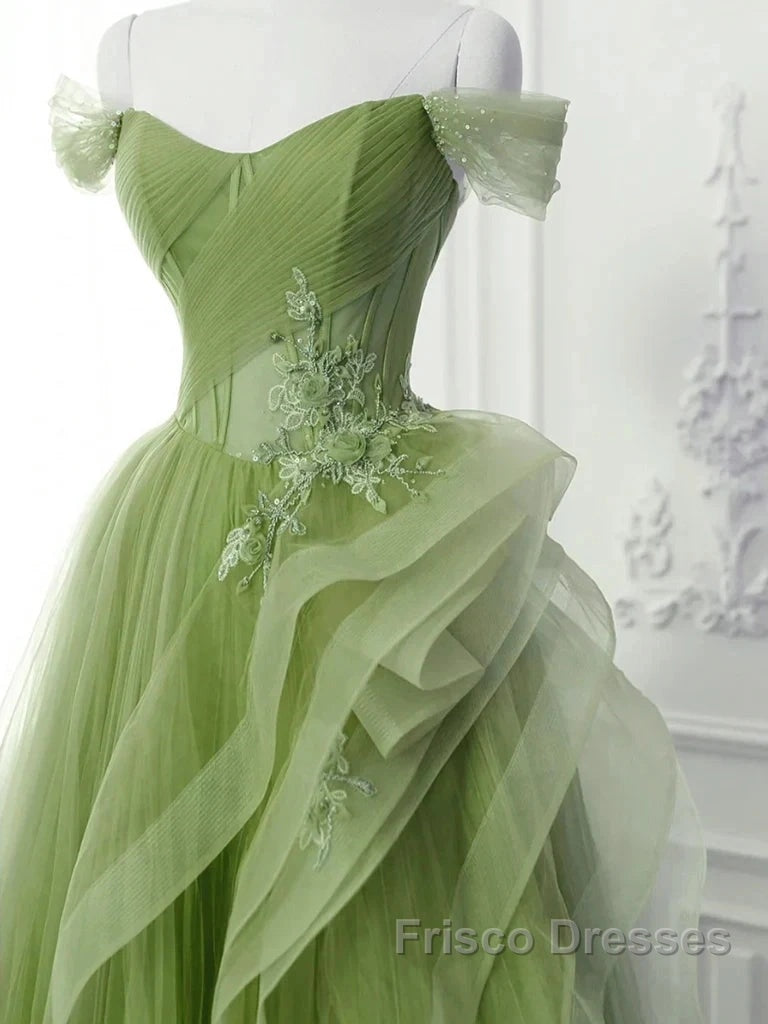New Arrival A-Line Tulle Lace Green Long Formal Prom Dress, Green Lace Long Formal Dress