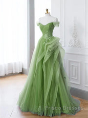 New Arrival A-Line Tulle Lace Green Long Formal Prom Dress, Green Lace Long Formal Dress
