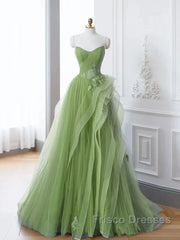New Arrival A-Line Tulle Lace Green Long Formal Prom Dress, Green Lace Long Formal Dress