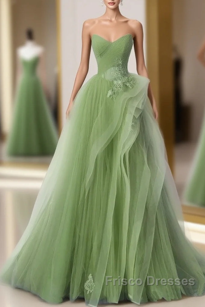 New Arrival A-Line Tulle Lace Green Long Formal Prom Dress, Green Lace Long Formal Dress Main image