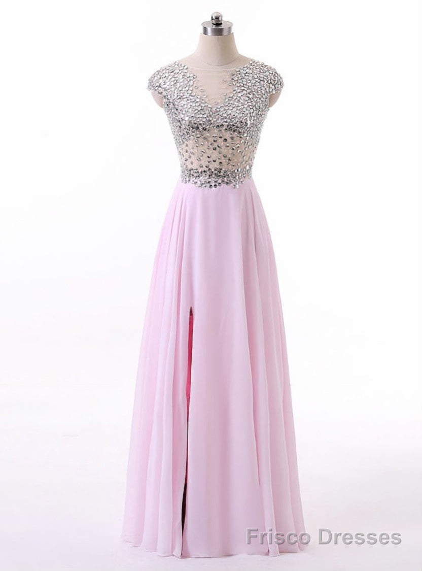 New Arrival Pink Chiffon A Line Boat Neck Cap Sleeves Long Prom Dresses Main image