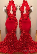 New Arrival Red Keyhole Mermaid Flowers Halter Sleeveless Long Prom Dresses