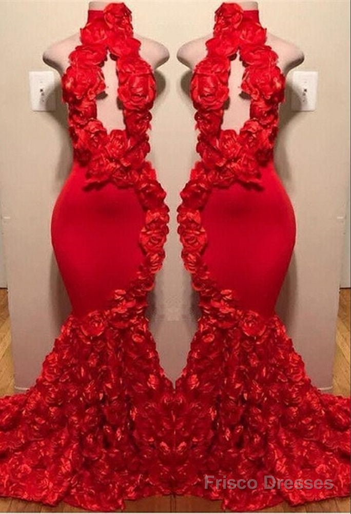 New Arrival Red Keyhole Mermaid Flowers Halter Sleeveless Long Prom Dresses