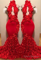 New Arrival Red Keyhole Mermaid Flowers Halter Sleeveless Long Prom Dresses