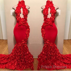 New Arrival Red Keyhole Mermaid Flowers Halter Sleeveless Long Prom Dresses