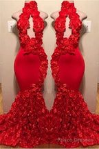 New Arrival Red Keyhole Mermaid Flowers Halter Sleeveless Long Prom Dresses