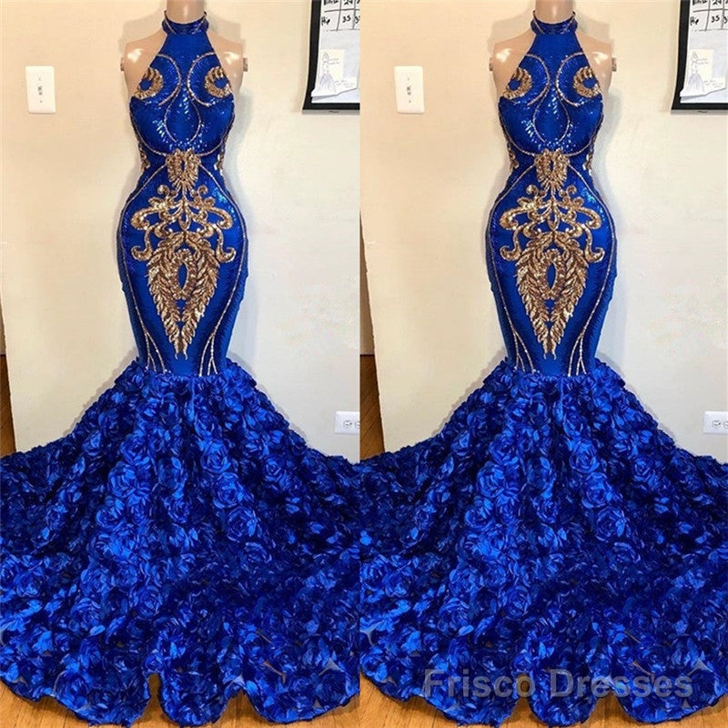 New Arrival Royal Blue Halter Mermaid Prom Dresses Gorgeous Sleeveless Flowers Long Evening Gowns Secondary image