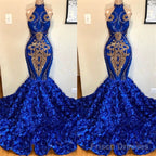 New Arrival Royal Blue Halter Mermaid Prom Dresses Gorgeous Sleeveless Flowers Long Evening Gowns