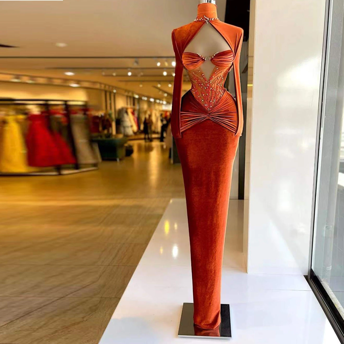 New Elegant Formal Prom Dresses Beading Sequined Hight Neck Long Sleeve Pleat Tight Evening Dress For Ladies Robes De Soir¨¦E