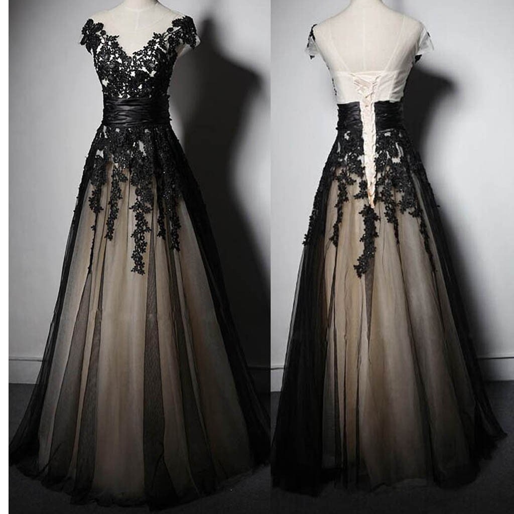 New Fashion Cap Sleeve With Black Lace Elegant Formal Party Prom Dresses