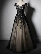 New Fashion Cap Sleeve With Black Lace Elegant Formal Party Prom Dresses