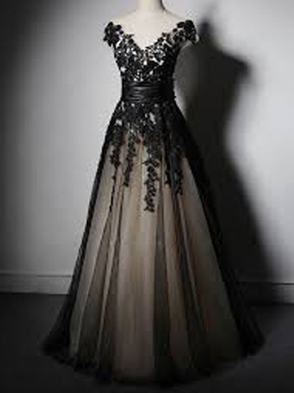New Fashion Cap Sleeve With Black Lace Elegant Formal Party Prom Dresses