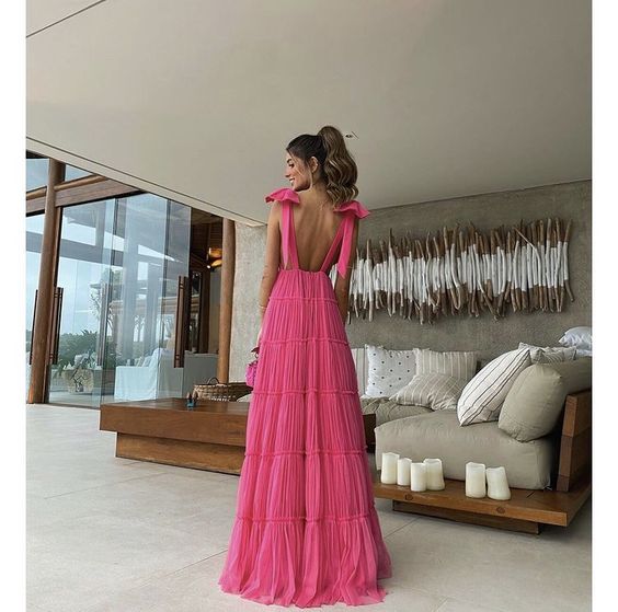 New Hot Pink Backless Long Prom Dress V Neck Formal Gown Main image