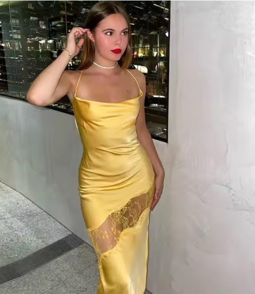 Yellow New Lace Spaghetti Straps Sexy Backless Mid-Length Elegant Satin Prom Dress Evening Dress Party Dress Main image