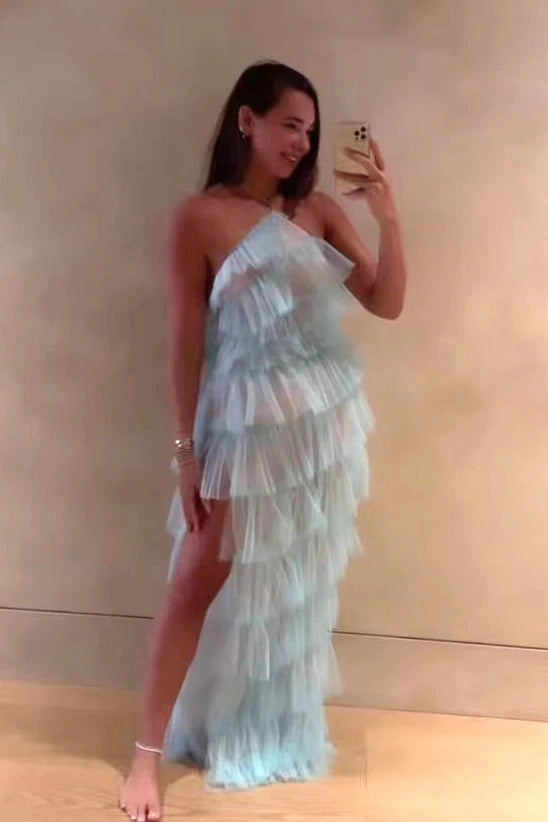 New Style Halter Ruffles Tulle Prom Dress With Slit, Charming Long Party Dress