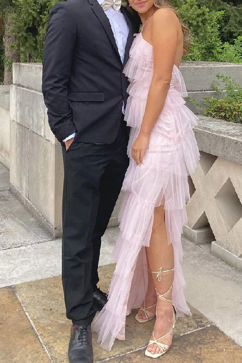 New Style Halter Ruffles Tulle Prom Dress With Slit, Charming Long Party Dress