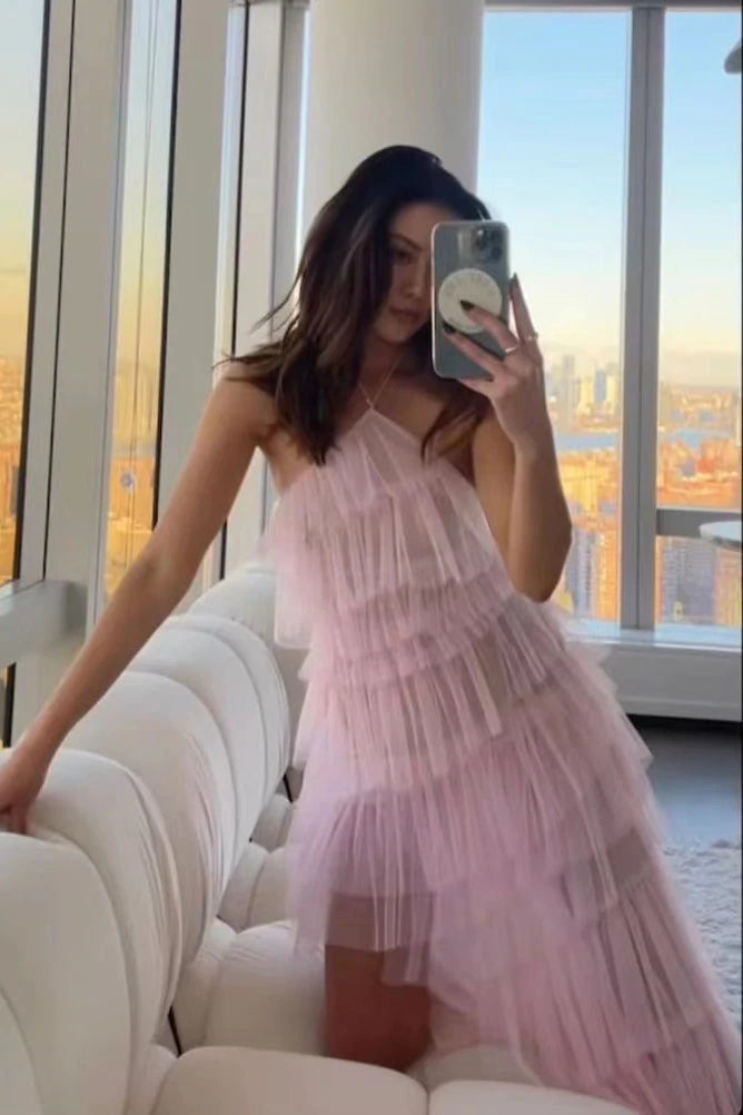 New Style Halter Ruffles Tulle Prom Dress With Slit, Charming Long Party Dress