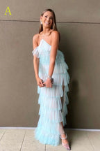 New Style Halter Ruffles Tulle Prom Dress With Slit, Charming Long Party Dress