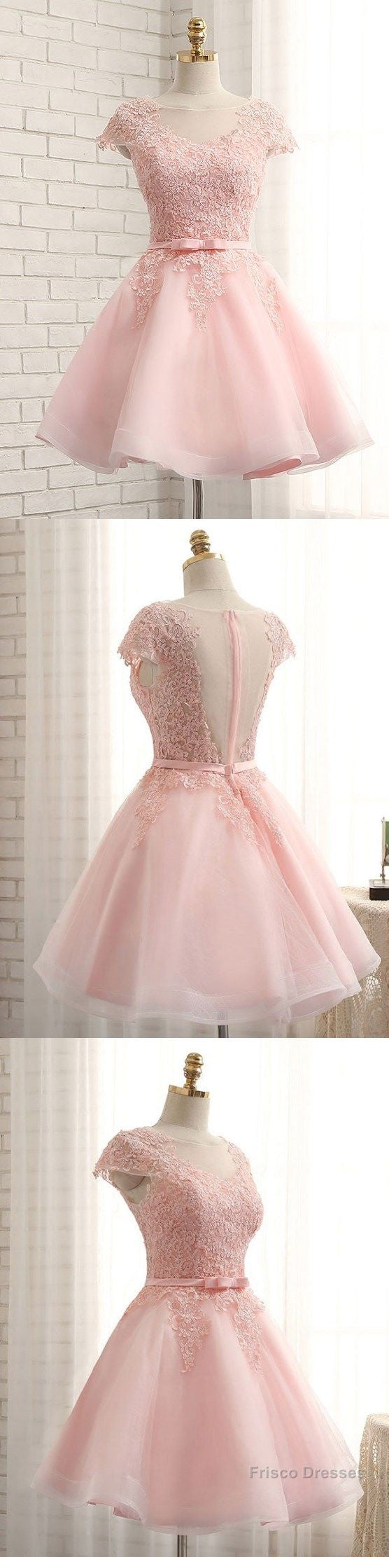 Newest Pink Lace Cap Sleeve A-Line Yarn Back With Bow Sash Pretty Junior Homecoming Dress Secondary image